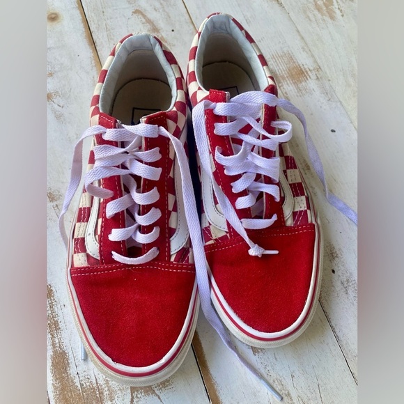 VANS Old Skool Red Checkerboard Sneakers canvas suede 7.5 skateboard streetwear - Picture 7 of 15